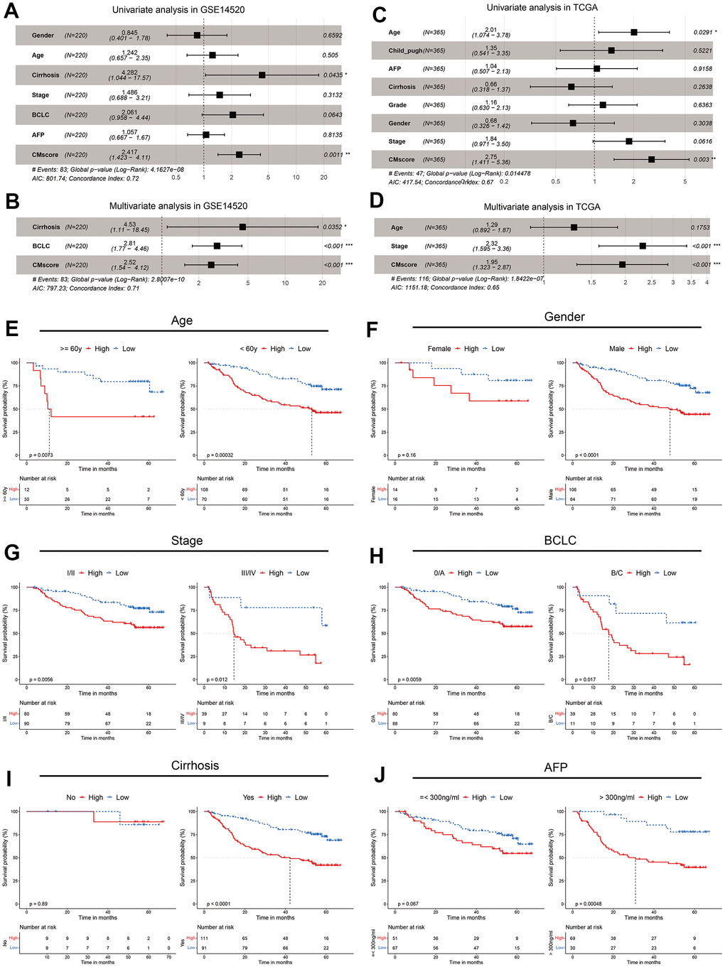 CMscore was an independent prognostic predictor for HCC patients. (A, B) Results of the univariate (A) and multivariate (B) Cox regression analyses regarding OS in the GSE14520 cohort. (C, D) Results of the univariate (C) and multivariate (D) Cox regression analyses regarding OS in the TCGA-LIHC cohort. (E–J) Prognostic analyses of CMscore in subgroups of HCC patients stratified by age (E), gender (F), stage (G), BCLC stage (H), cirrhosis status (I) and AFP level (J).