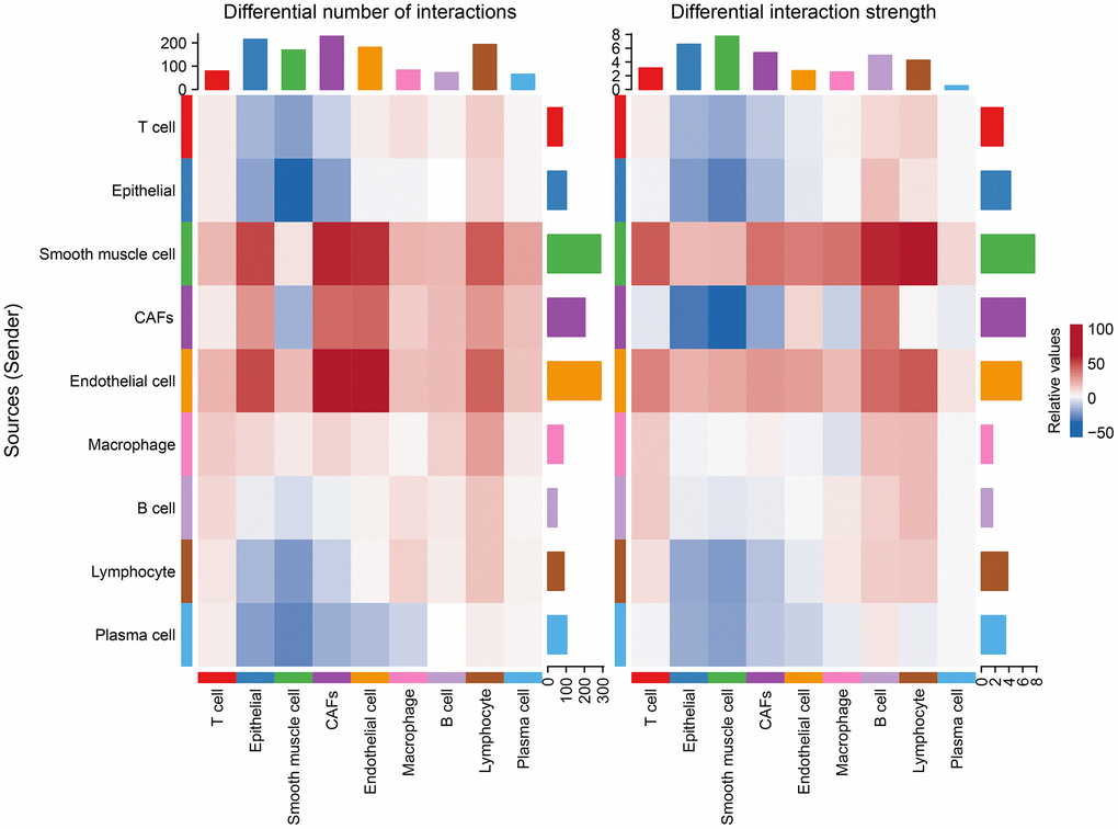 Changes in the number of interactions and intensity of the effects of different cell types in the tumor versus normal group, with blue representing weakening and red representing intensification.