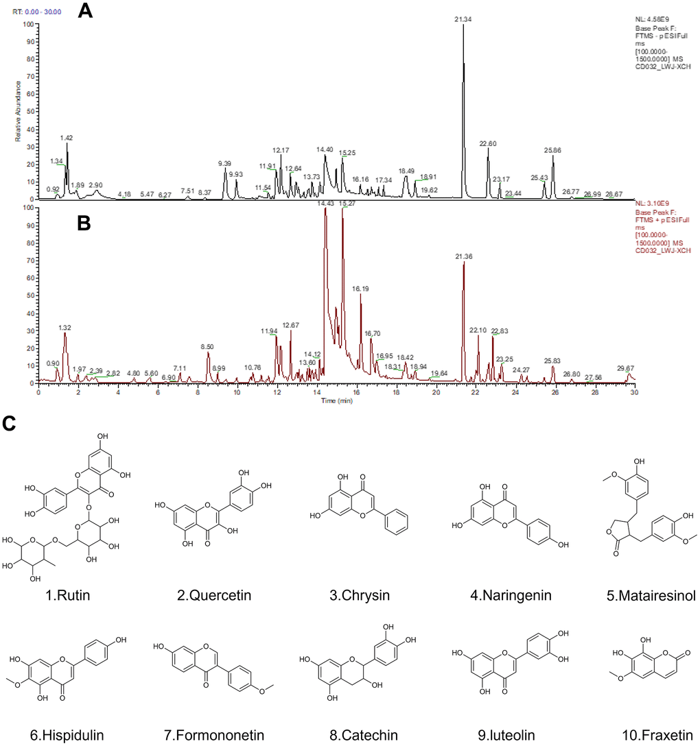 The results of the Q Exactive Orbitrap LC-MS/MS analysis of Xiaochaihu decoction. (A) Chromatography in negative-ion polarity mode; (B) chromatography in positive-ion polarity mode; (C) structures of 10 compounds obtained by Q Exactive Orbitrap LC-MS/MS analysis.