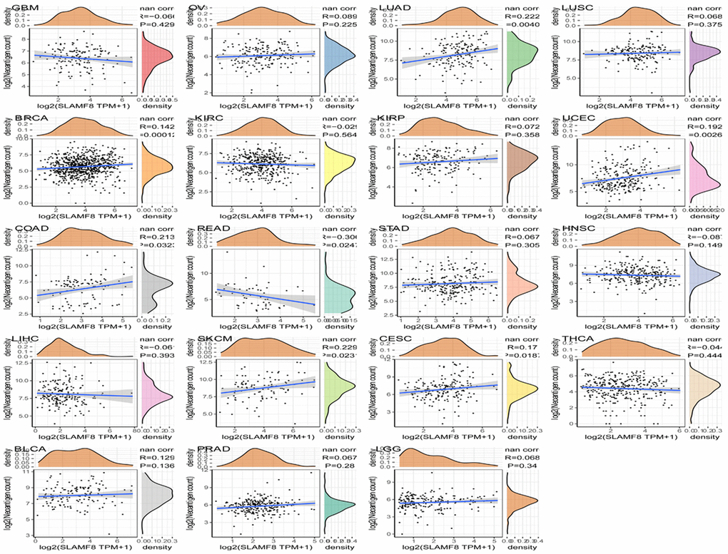 Correlation analysis between SLAMF8 expression and immune neoantigens in pan-cancer.