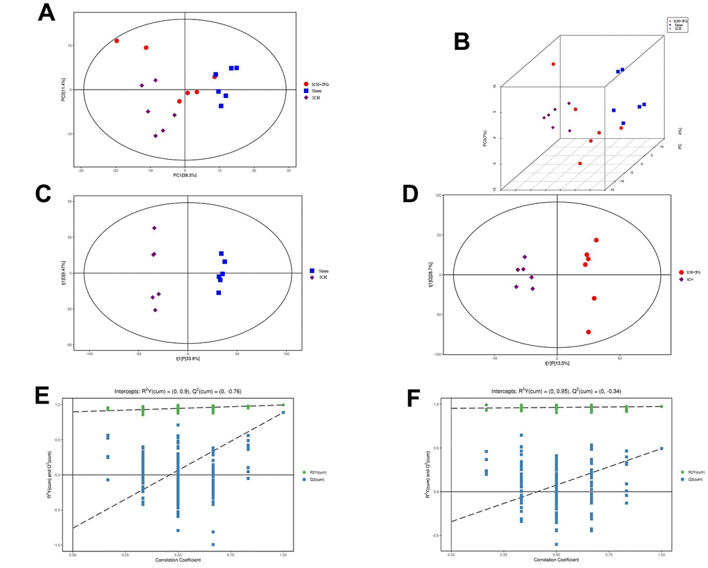 Multivariate statistical analysis of metabolites. (A) Represents the Score scatter plot of the PCA model; (B) Represents 3D Score scatter plot of the PCA model. (C, D) Represent the score scatter plots of the OPLS-DA model for the Comparisons between the Sham group and ICH group or the ICH + JFG group and the Model group (D). (E, F) Represent permutation plot tests of the OPLS-DA model for the comparisons between the Sham group and the Model group or the ICH + JFG group and the Model group (F).