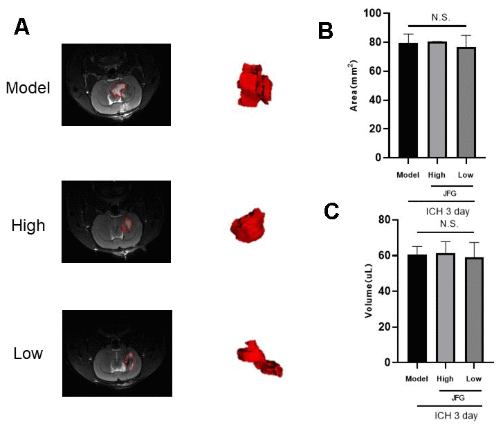 (A, B) T2-weighted MRI imaging of rats with ICH. (A) T2 weighted imaging was used to observe intracerebral hemorrhage areas (The red dotted line indicates the size of the hematoma). (B) intracerebral hemorrhage volume. (C) Representative bar graphs showing the area of hematoma (left panel) and the volume (right panel). Values are presented as means ± S.D. ***P ###P ##P #P 