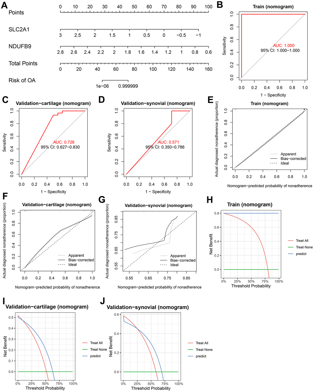 Construction and validation of the diagnostic nomogram. (A) A nomogram was constructed to visualize the LR model. (B–D) ROC analysis shows the predictive ability of the nomogram in the training (B), validation-cartilage (C), and validation-synovial (D) cohorts. (E–G) Calibration analysis shows the predictive ability of the nomogram in the training (E), validation-cartilage (F), and validation-synovial (G) cohorts. (H–J) DCA analysis shows the predictive ability of the nomogram in the training (H), validation-cartilage (I), and validation-synovial (J) cohorts. Abbreviations: ROC, receiver operating characteristic; DCA, decision curve analysis; LR, logistic regression.