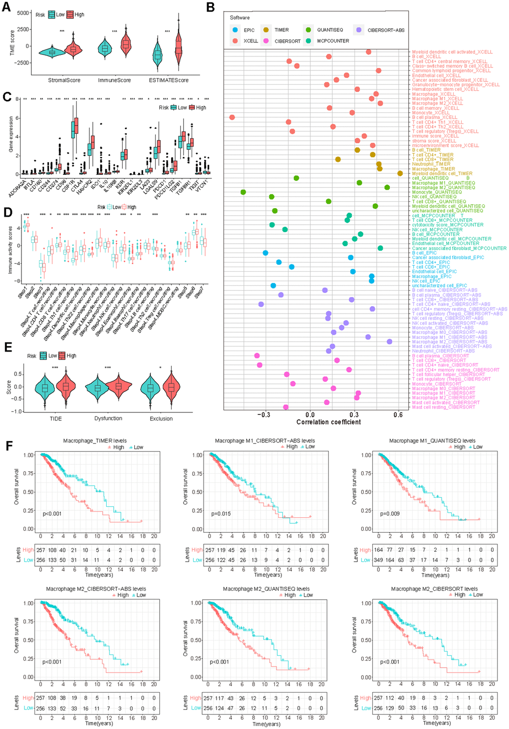 Correlation of GS and tumor immune microenvironment (TIME) characteristics. (A) Variation in TIME scores between high-risk and low-risk groups. (B) Correlation between GS and immune cell infiltration assessed through different immunocyte analysis. (C, D) Differences in the expression of immunosuppressive genes (C) and cancer immune cycle scores (D) between high-risk and low-risk groups. (E) Disparity in Tumor Immune Dysfunction and Exclusion (TIDE) scores between low-risk and high-risk groups. (F) K-M survival analysis based on macrophage infiltration levels in TCGA-LGG patients.