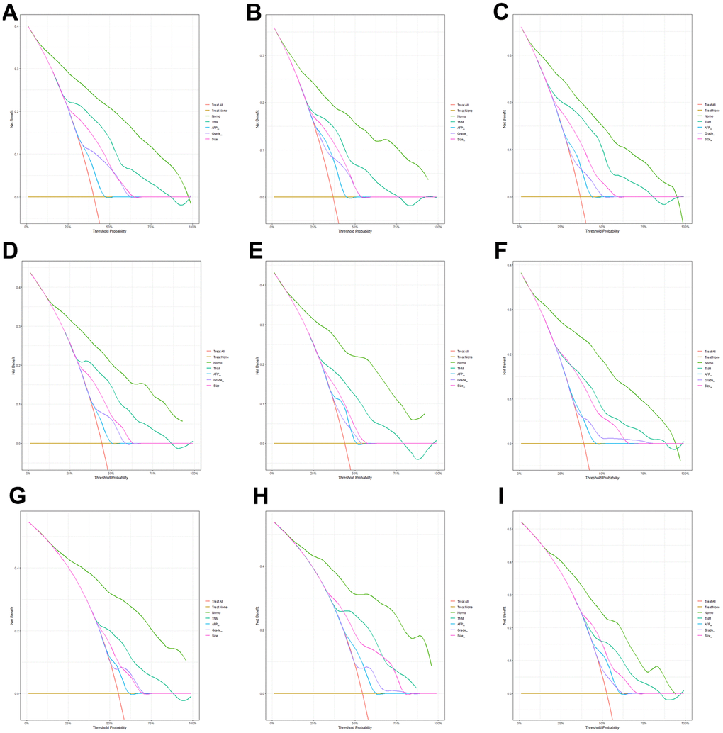 Comparison of clinical utility between our model and existing predicting factors. The decision curve analysis (DCA) curves for the prediction of OS based on nomogram, TNM stage, AFP, grade and Tumor size in the training, internal and external validation set of low-age group (A–C), middle-age group (D–F) and old-age group (G–I).