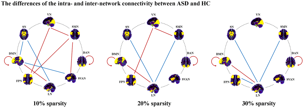 Altered inter- and intra-network connectivity in ASD. Abbreviations: DAN, dorsal attention network; SVAN, salience/ventral attention network; DMN, default mode network; FPN, frontoparietal network; SMN, somatomotor network; VN, visual network; LN, limbic network; SN, subcortical network; ASD, autism spectrum disorder; HC, healthy controls.