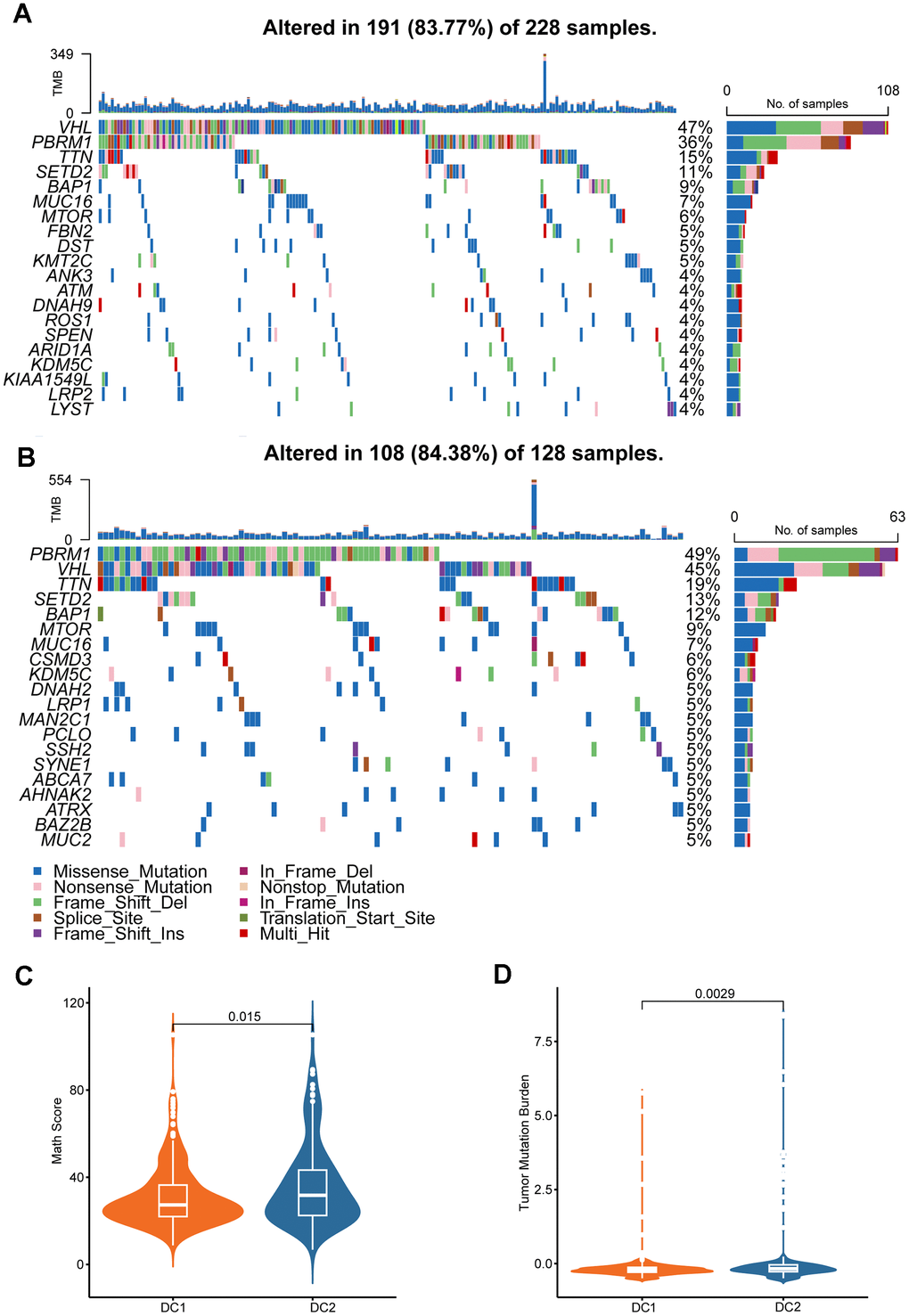 Genomic alterations in disulfidptosis-related signatures. Genomic profiling of the 20 most frequently altered genes in the DC1 (A) and DC2 (B) groups. (C) Comparison of MATH score between the two ccRCC subtypes. (D) Comparison of the TMB levels between the two ccRCC subtypes.