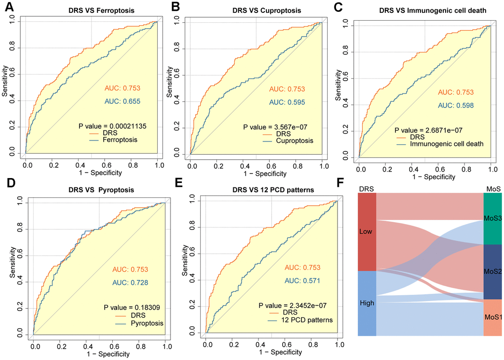 Outstanding performance of DRS compared to other cell death-related models. (A–E) AUC analysis of the DRS and other PCD-related models in the TCGA-KIRC cohort. (F) The alluvial plot shows the association between DRS and MoS subtypes.