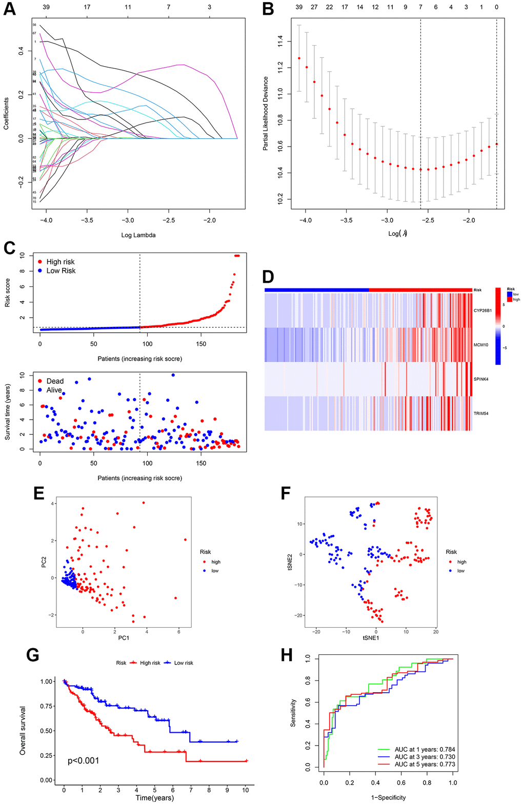 Creation of a signature related to ubiquitination from four genes in various clusters of HCC patients. LASSO Cox regression analysis penalizes genes that are expressed differentially (DEGs). (A, B) Cross-validation of potential genes using the lowest lambda value. (C) The risk score determines the survival time and status of every patient with HCC. (D) The expression of the four URGs in the low- and high-risk groups can be visualized through a heatmap. (E, F) Analysis of the signature using principal component analysis (PCA) and t-distributed stochastic neighbor embedding (t-SNE) was performed. (G) Comparative analysis of survival rates in two different risk subcategories. (H) The accuracy of the signature can be evaluated by analyzing the ROC curves for 1, 3, and 5 years.