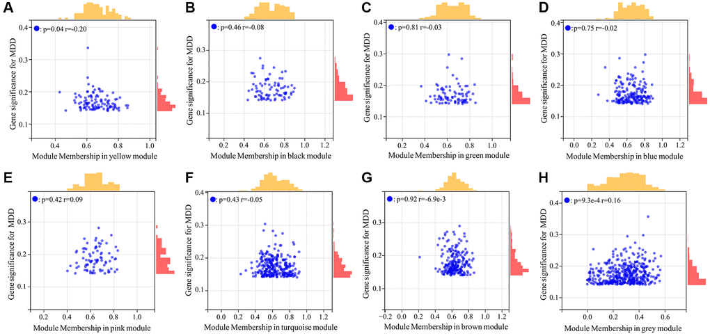 Scatter plot analysis of hub genes highly associated with MDD from 8 co-expressed gene modules. (A–H) Represented yellow, black, green, blue, pink, turquoise, brown, grey module respectively.