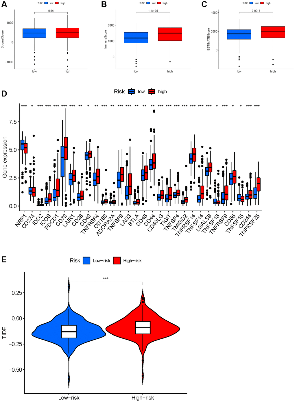 Correlation between HMs-based signature and immune characteristics. (A–C) Analysis of the tumour microenvironment between high- and low-risk groups by ESTIMATE algorithm. (D) Analysis of differences in immune checkpoint expression between high- and low-risk groups. (E) Analysis of differences in TIDE scores between high- and low-risk groups.