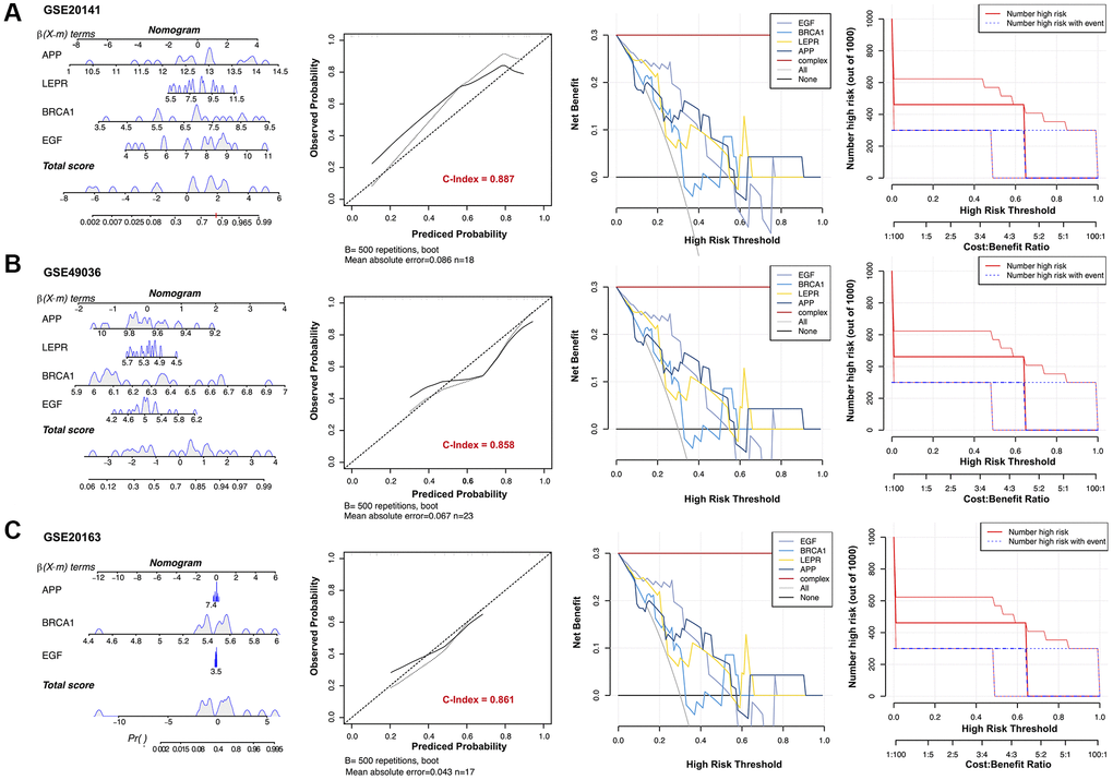 Establishment of the diagnostic model in three validation datasets. Nomograms for the diagnostic model of Parkinson’s disease (PD), calibration curves, and decision curve analyses (DCAs) for the diagnostic model were constructed in (A) GSE20141, (B) GSE49036, and (C) GSE20163.