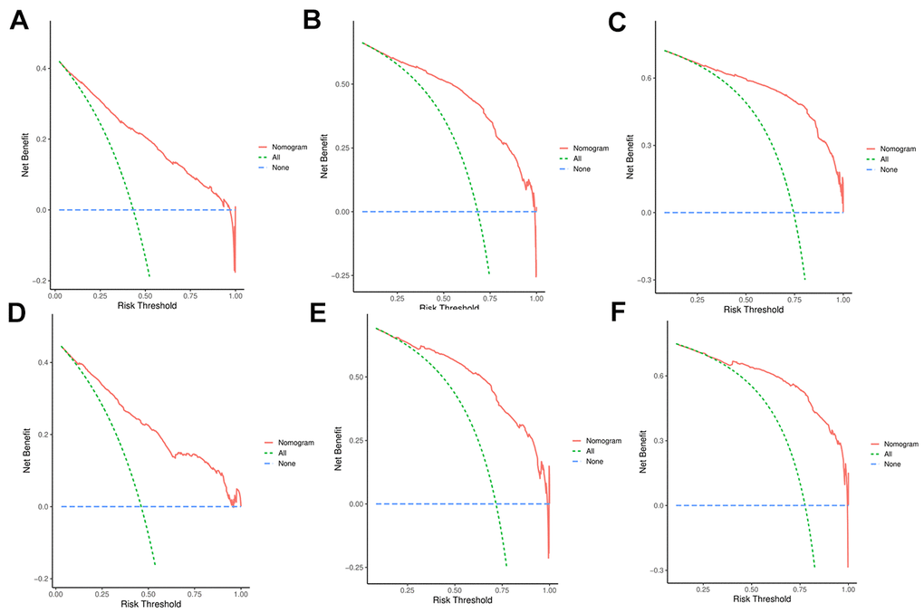 (A–C) DCA analysis predicting 1-, 3-, and 5-year overall survival (OS) in the training cohort; (D–F) DCA analysis predicting 1-, 3-, and 5-year overall survival (OS) in the validation cohort.