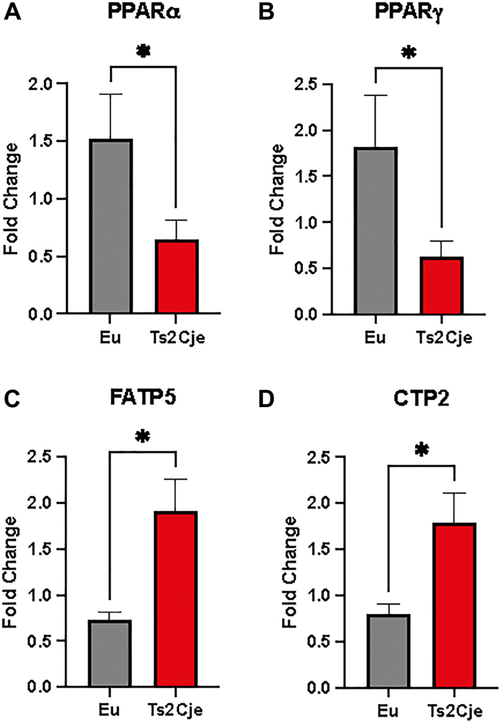 DS mice have a marked increase in lipid metabolism. PPARα, PPARγ, FATP5, and CTP2 are differently regulated in Ts2Cje livers. Representative histogram of the real-time PCR against PPARa (A), PPARg (B), FATP5 (C), and CTP2 (D) on the liver extract obtained from 12-months old Eu and Ts2Cje mice. GAPDH was used as housekeeping gene. Histograms are representative of four different experiments (*P ≤ 0.05).