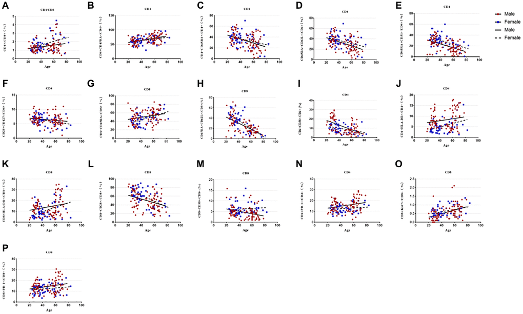 Relationship between age and percentages of lymphocyte subsets in the male or female population. (A) CD4+/CD8+ percentage, (B) CD4+CD45RA- T cell percentage, (C) CD4+CD45RA+ T cell percentage, (D) CD4+Naïve T cell percentage, (E) CD4+CD45RA+CD31+T cell percentage, (F) CD4+CD25+CD 127- T cell percentage, (G)CD8+CD45RA- T cell percentage, (H) CD8+Naive T cell percentage, (I) CD4+CD38+ T cell percentage, (J) CD4+HLA-DR+ T cell percentage, (K) CD8+HLA-DR+ T cell percentage, (L) CD8+CD28+ T cell percentage, (M) CD8+CD38+ T cell percentage, (N) CD4+PD-1+ T cell percentage, (O) CD8+Ki67+ T cell percentage, (P) CD8+PD-1+ T cell percentage. Correlations between two variables were done using Spearman’s correlation and linear regression was used to plot graph.