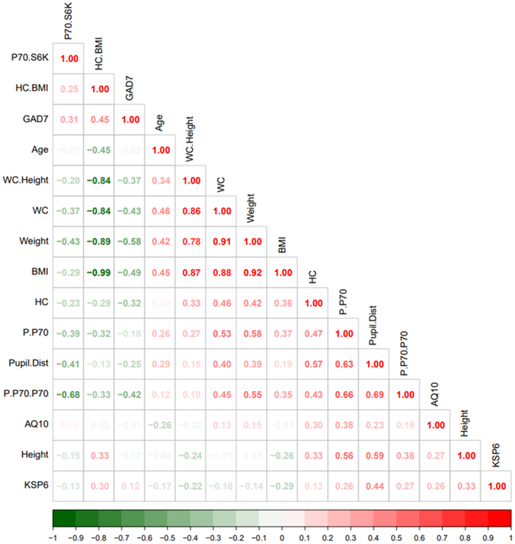 Heatmap visualization based on spearman rank correlation and hierarchical clustering. The legend bar shows positive (red) or negative (green) correlations between the various parameters.