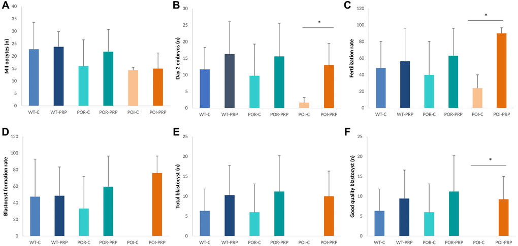 Reproductive outcomes in chemotherapy-induced POR and POI mice models using the C57BL/6. (A) MII oocytes (n) and (B) Day 2 embryos collected from the oviduct. (C) Fertilization rate. (D) Blastocyst formation rate (%), (E) total amount of blastocyst obtained after in vitro embryo culture. (F) Good quality blastocysts. Data are presented as mean ± SD. *p U-tests for two-by-two comparisons.