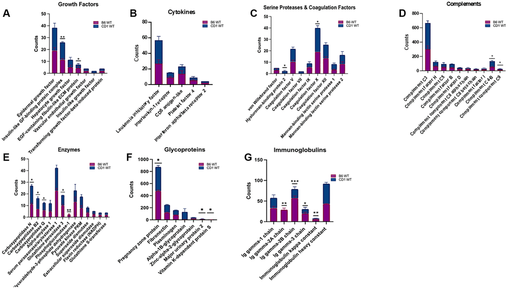 Assessment and grouping of protein content of platelet rich plasma (PRP) among two strains of mice. Different protein contents were found within B6 and CD1 wild-type mice strains. The proteins in PRP were categorized as Growth Factors (A), Cytokines (B), Serine Proteases and Coagulation Factors (C), Complements (D), Enzymes (E), Glycoproteins (F), and Immunoglobulins (G). The blue part of the bars represents CD1, and the purple bar represents the B6 strains. B6: C57BL/6. *p **p ***p 