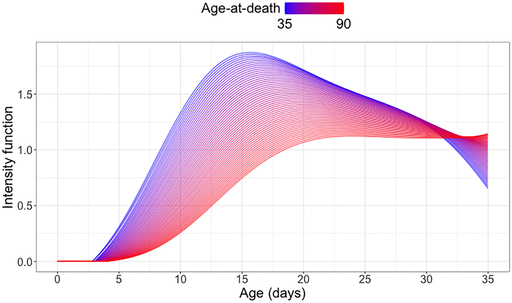 Cost of reproduction: Quantifying the association between longevity and reproduction. Predicted conditional intensity functions for daily egg-laying at different age-at-death levels ranging from 35 days (blue) to 90 days (red), using global Cox point process regression for a cohort of medflies who survived past 35 days (see (6) in the Appendix).