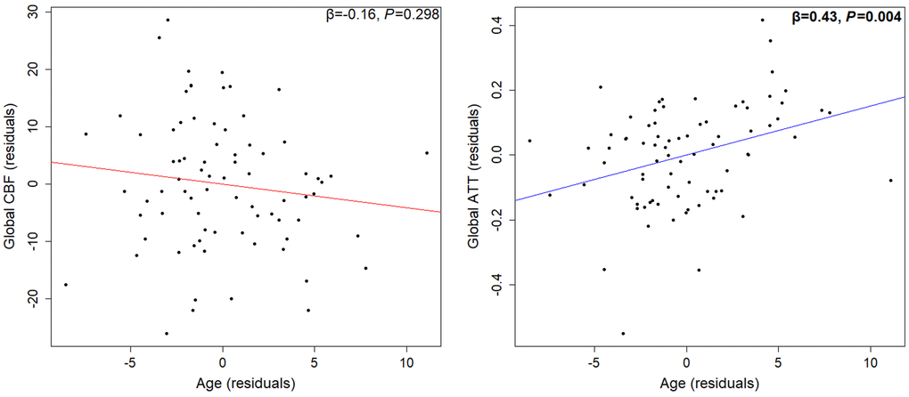 Partial regression association between age and global CBF (left) or global ATT (right), adjusted for sex, BMI, blood pressure, cardiorespiratory fitness, hand grip strength, and grey matter volume. ATT may be more sensitive to age-related changes than CBF (n = 78). Abbreviations: CBF: cerebral blood flow; ATT: arterial transit time; BMI: body mass index.