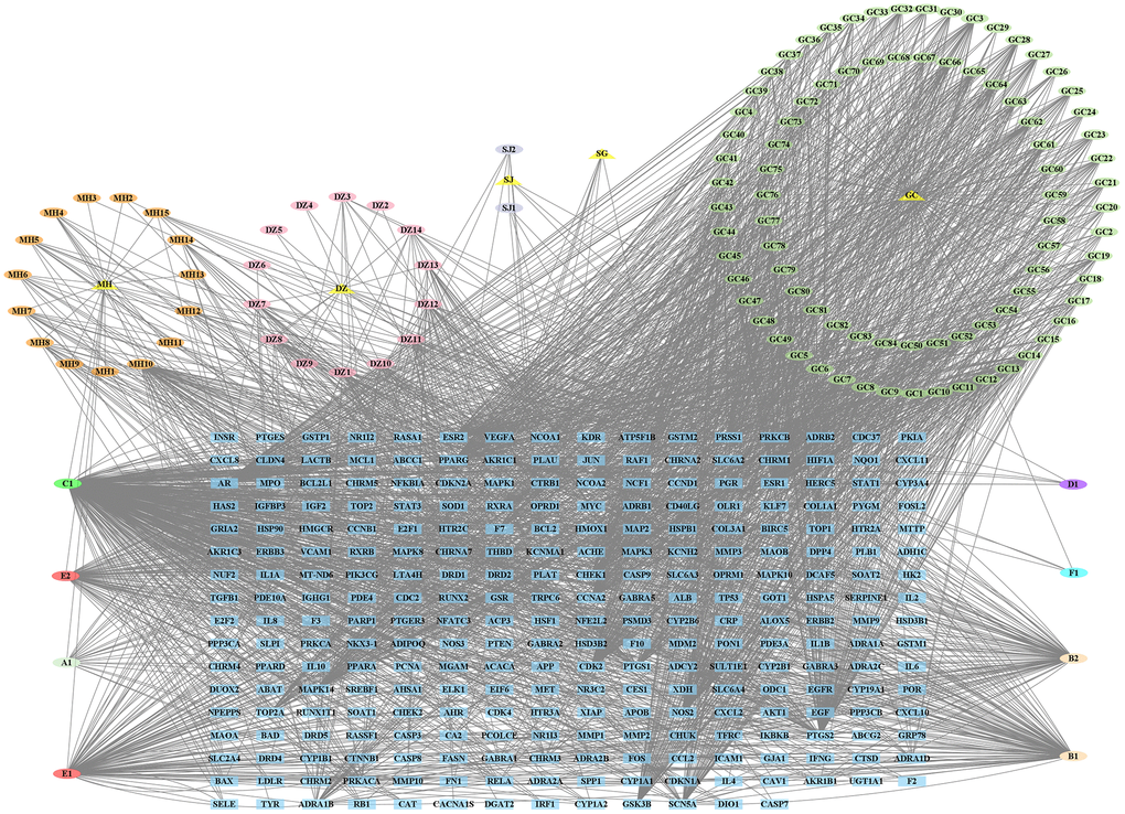 Herb-ingredient-target network of YBD. The yellow triangle nodes represented herbs, the green, orange, pink, gray, purple oval nodes represented different ingredients, and the blue rectangle nodes represented targets.