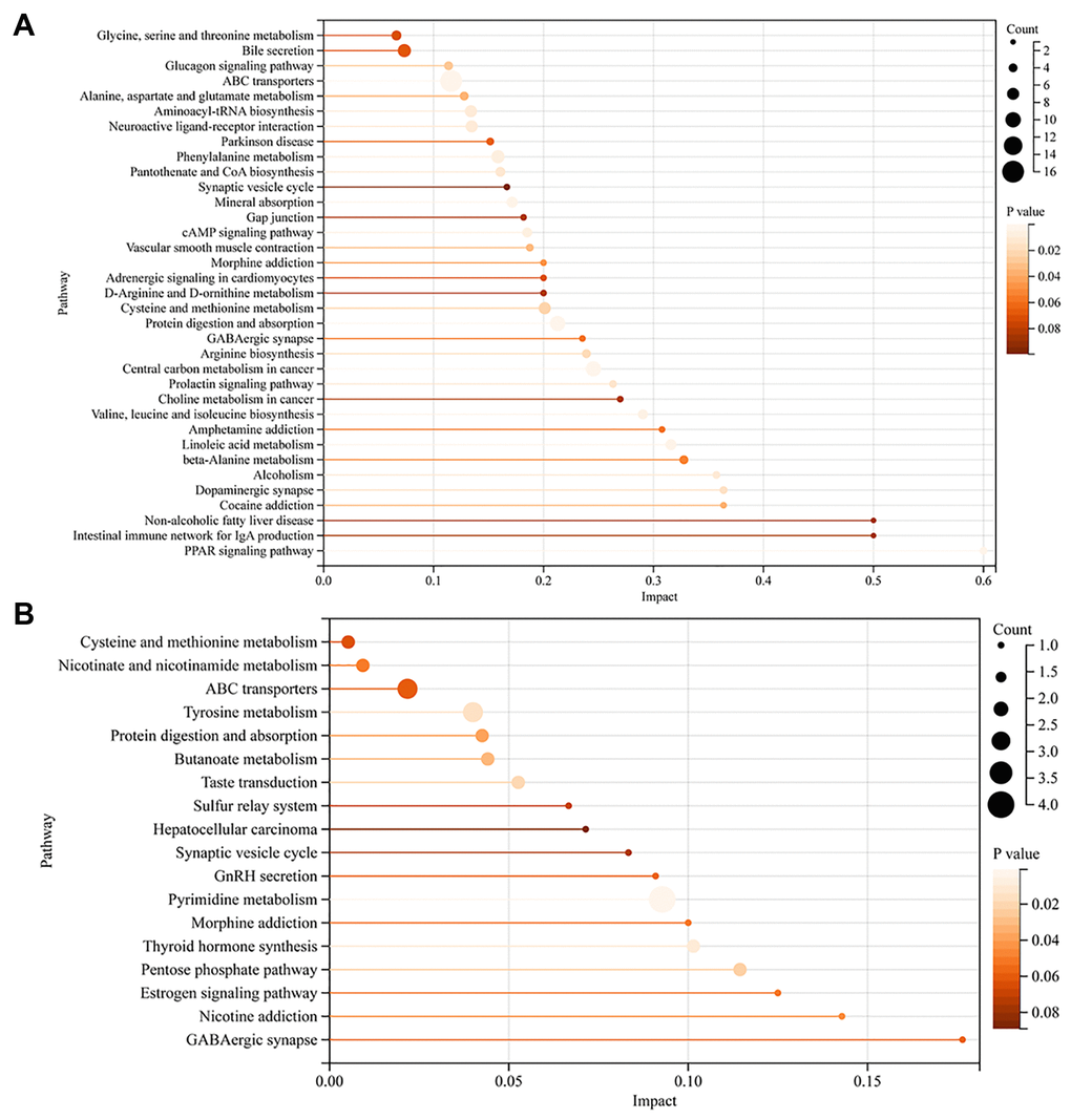 KEGG metabolic pathway of differential metabolites in FF and GC. (A) KEGG pathway enrichment analysis of FF metabolites; (B) KEGG pathway enrichment analysis of GC metabolites. The vertical coordinate represents the corresponding pathway and the horizontal coordinate represents the impact value of the pathway. The size of the dot represents the number of differential metabolites in the target metabolic pathway, the larger the dot, the greater the number of metabolites enriched into that pathway. P-values are represented by color, the darker the color, the smaller the p-value.