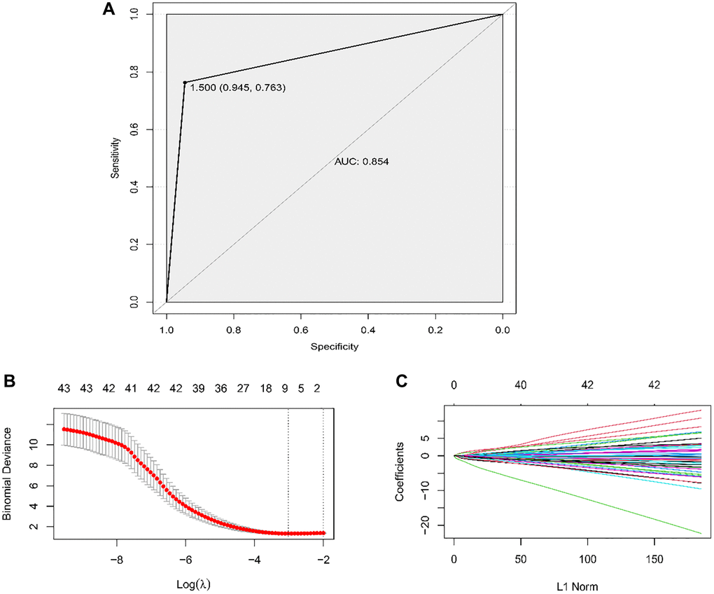 Establishment of the classifier by LASSO. (A) ROC curve to evaluate the discrimination ability of the classifier constructed by LASSO regression to different ESCC patients with LNM from the ones without LNM. (B) The vertical dashed lines were calculated at the best log (lambda) value and (C) LASSO coefficient values.