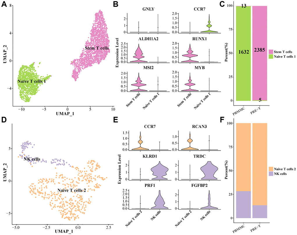 Identification of stem T cell subsets within the pre-T group. (A) UMAP plot of further subdivision of NK/T cells 1. (B) Violin plot of marker gene expression levels of NK/T cells 1 subpopulations. (C) Proportion of NK/T cells 1 subpopulation within pre-T and control groups, respectively. (D) UMAP plot of further subdivision of NK/T cells 2 subpopulation. (E) Violin plot of marker gene expression levels in the NK/T cells 2 subpopulation. (F) Proportion of NK/T cells 2 subpopulation within pre-T and control groups, respectively.