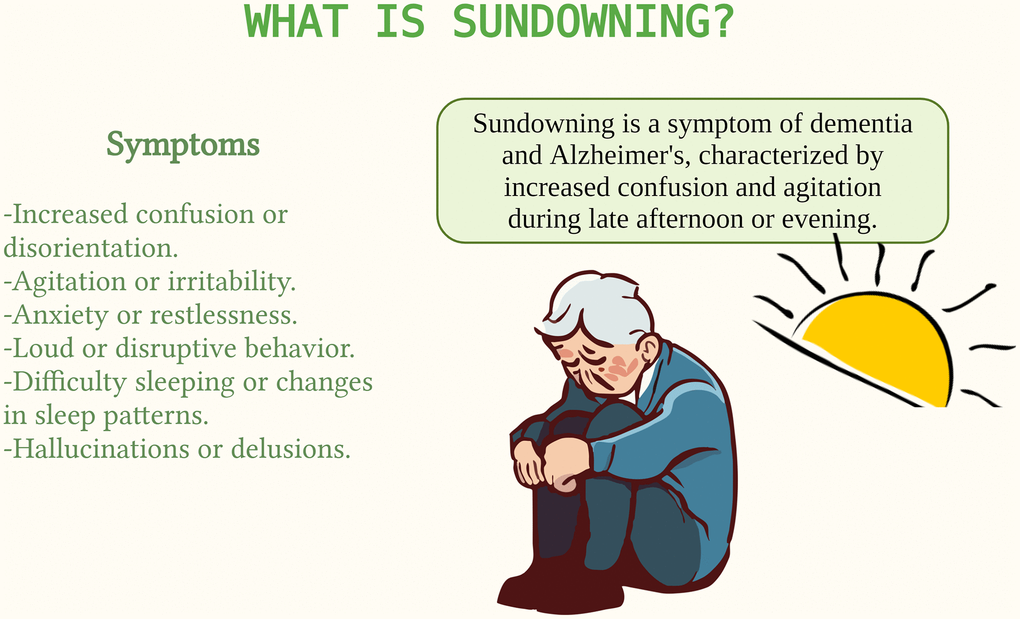 Sundowning in dementia. Sundowning is a phenomenon where individuals with dementia become more confused and agitated in the late afternoon and evening. It can be triggered by fatigue, reduced light exposure, and changes in routine. Managing sundowning is important for caregivers to enhance the comfort of those affected.