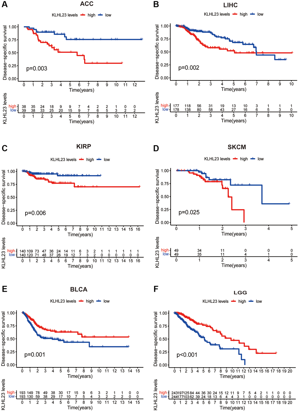 Association between survival and KLHL23 expression across cancers. (A–F) Kaplan-Meier overall survival in indicated representative tumor types according to KLHL23 expression. The median value of KLHL23 in each tumor was used as the cut-off value. (*P **P ***P 