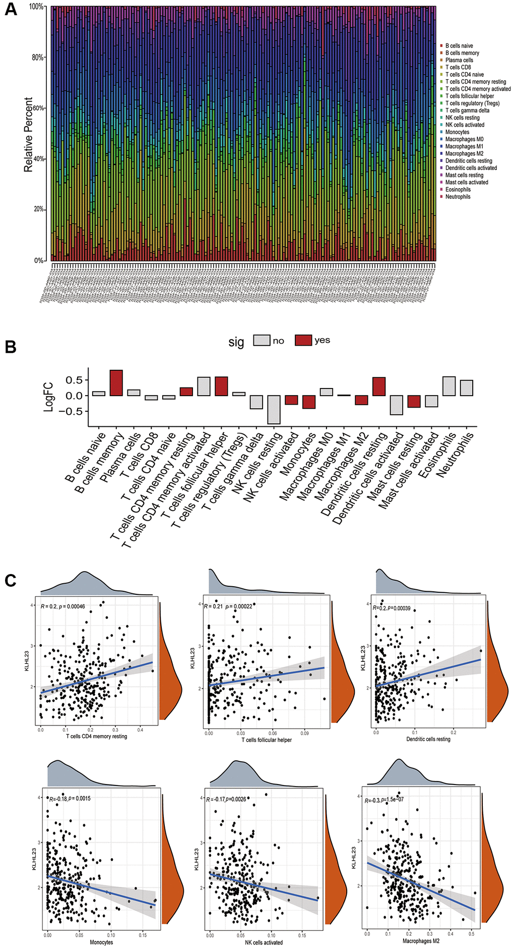 The role of KLHL23 in the tumor microenvironment of LIHC. (A) Immune cell distribution in KLHL23 high expression LIHC patients. This panel presents a comprehensive analysis of immune cell distribution in the tumor microenvironment of each LIHC patient using data from the TCGA database. The visualization shows the diversity and prevalence of different immune cell types in different patient samples, providing insight into the immune landscape within LIHC tumors. (B) Differences in the various immune cell proportions between groups with high and low KLHL23 expression in LIHC. (Abbreviations: no: no significant difference; yes: significant difference). (C) KLHL23 expression associated with immune cells. This section illustrates the results of a comprehensive association analysis between KLHL23 expression levels and a wide range of immune cells within LIHC tumors.