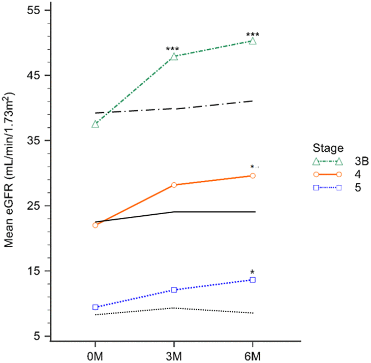 The eGFR levels were evaluated across different CKD stages after 3 and 6 months of treatment. Specifically, the green, red, and blue lines depict the EFT-treated CKD stage 3b, 4, and 5 groups, respectively, while the black line corresponds to the control group at the respective CKD stage. * P*** P