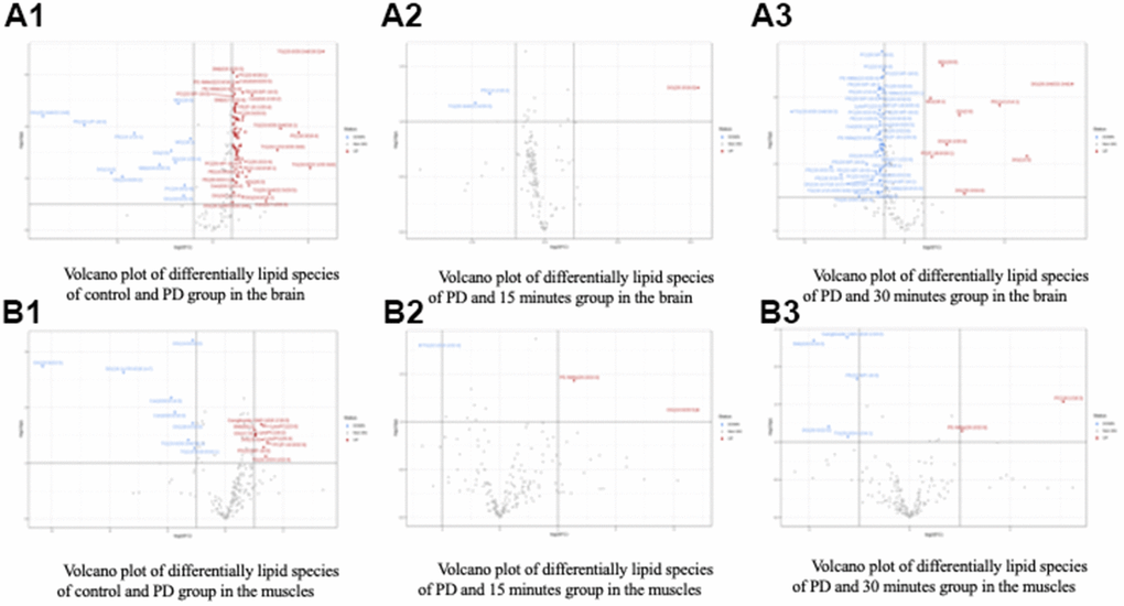 Volcano plot of differentially lipid species of control and treatment group in the (A) Brain and (B) Muscle. Control (C), Parkinson’s disease (PD).