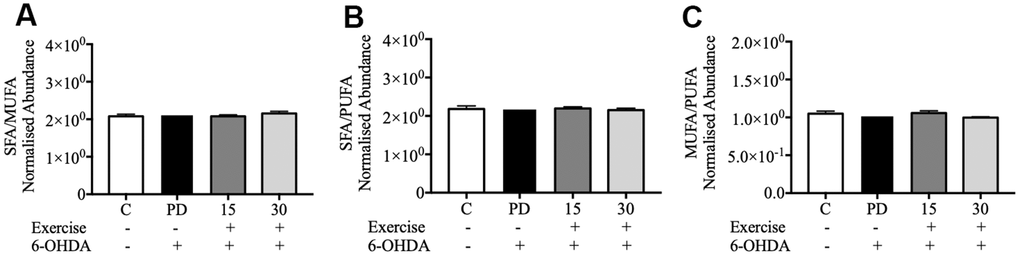 Relative abundance ratios of fatty acids in the brain. (A) Ratio of SFA to MUFA; (B) Ratio of SFA to PUFA; (C) Ratio of MUFA to PUFA. Data are presented as the mean ± standard deviation (SD) (n = 5/group). Control (C), Parkinson’s disease (PD), 6-hydroxy dopamine (6-OHDA).