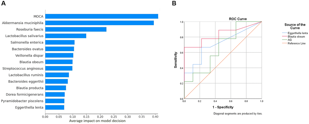  (A) Important features contributing to neural network model decision. The X- axis indicates the percentage of contribution. The above features from a pool of 61 features (including species OTU table (n = 53) and clinical parameters (n = 8)) made up 100 percent of the model decision. (B) ROC curve analysis. Abbreviation: AG: Acylated Ghrelin.