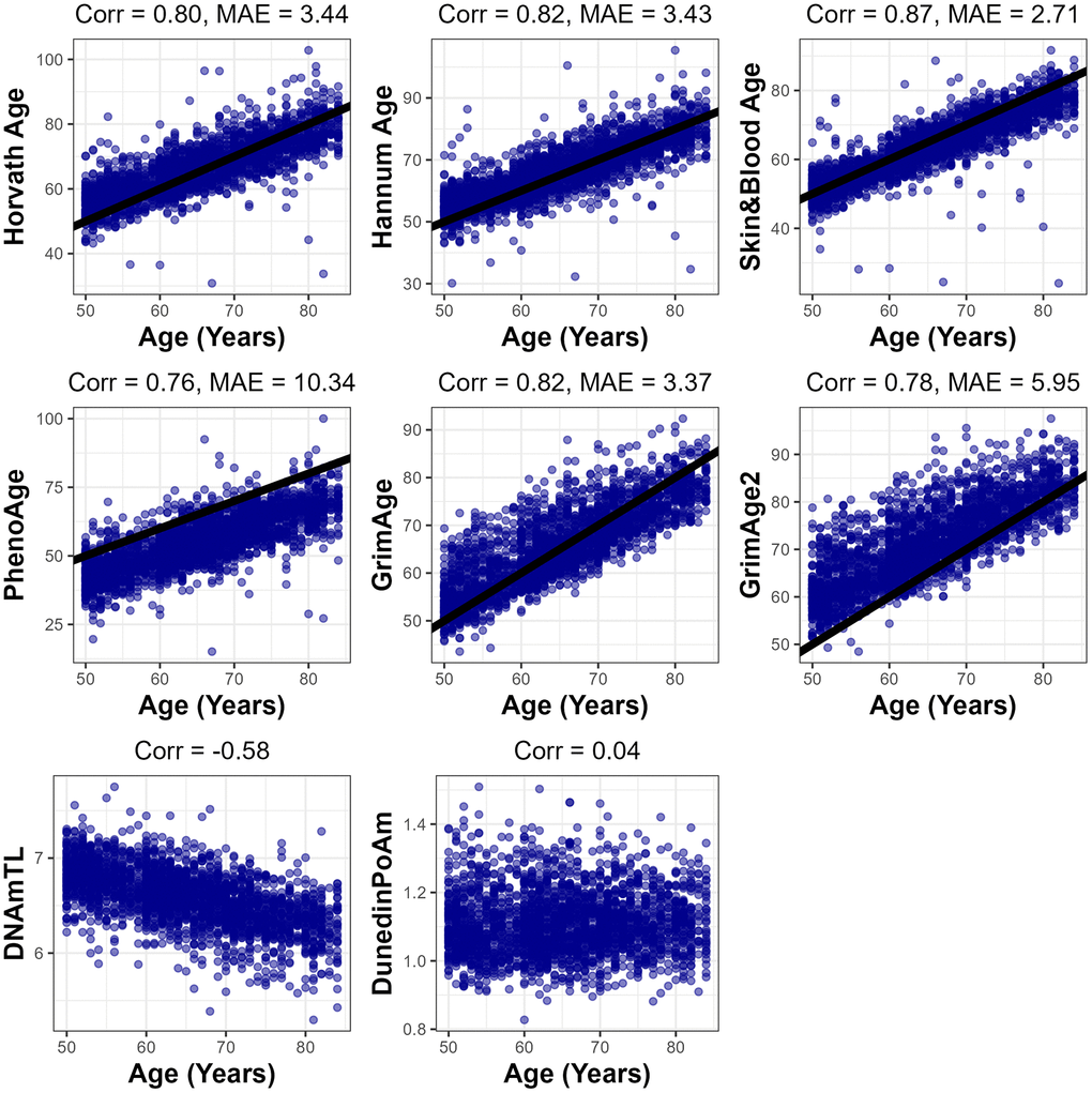 Fit between each epigenetic clock predictions and chronological age. Pearson correlation (Corr.) and median absolute error (MAE) presented for each clock which has years for units. 1-to-1 line shown in black for main clocks.