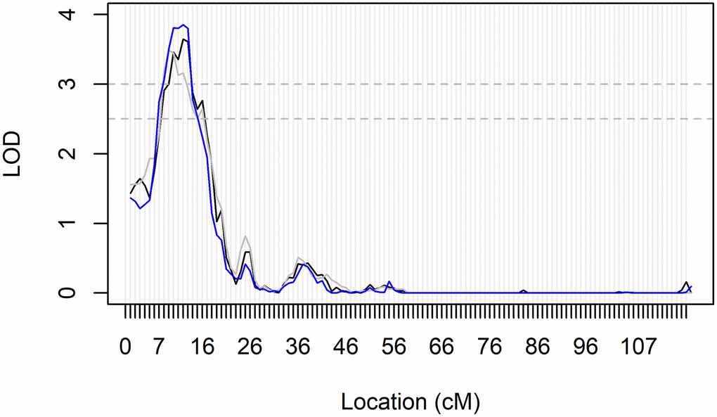 Genomic region within the significant linkage peak for ABI in All LLFS participants. Fully adjusted LOD-scores on chromosome 15 from all three bins of mIBD estimates for linkage analyses of ABI in all participants. Significance and suggestive evidence of linkage are indicated by the horizontal dashed lines at LOD = 3.0 and LOD = 2.5, respectively. The peak reached its maximum LOD score at 11cM, and had a range of 6–16cM. This region maps to 26,267kb-31,213 kb on chromosome 15 and the 26 genes are located within this genomic region. They include GABRB3, GABRA5, GABRG3, OCA2, HERC2, GOLGA6L24, GOLGA8F, GOLGA8G, GOLGA6L25, GOLGA8M, GOLGA6L7, APBA2, ENTREP2, NSMCE3, TJP1, GOLGA8J, GOLGA8T, CHRFAM7A, GOLGA8R, GOLGA8Q, GOLGA8H, ARHGAP11B, ENSG00000284906, FAN1, MTMR10, and TRPM1 (as generated from the UCSC genome browser; GRCh38/hg38 accessed on August 14, 2023).