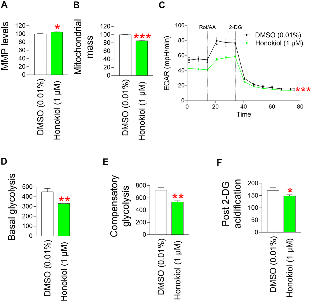 Honokiol reduces mitochondrial ROS generation through mitochondrial functional recovery. (A) Use of JC–10 for flow cytometric measurement of MMP. Senescent fibroblasts were treated with DMSO (0.01%) or honokiol (1 μM) for 12 days. *P B) MitoTracker green was employed for a flow cytometric study of mitochondrial mass. Senescent fibroblasts were treated with DMSO (0.01%) or honokiol (1 μM) for 12 days. ***P C) Measurement of extracellular acidification rate (ECAR; mpH/min) after 12 days of treatment with DMSO (0.01%) or 1 μM honokiol. (black line: DMSO–treated senescent fibroblasts, pink line: honokiol–treated senescent fibroblasts). ***P D) Basal glycolysis was measured after 12 days of treatment with DMSO (0.01%) or honokiol (1 μM). **P E) The compensatory glycolysis was measured after 12 days of treatment with DMSO (0.01%) or honokiol (1 μM). **P F) Post–2–DG acidification was measured after 12 days of treatment with DMSO (0.01%) or honokiol (1 μM). *P 