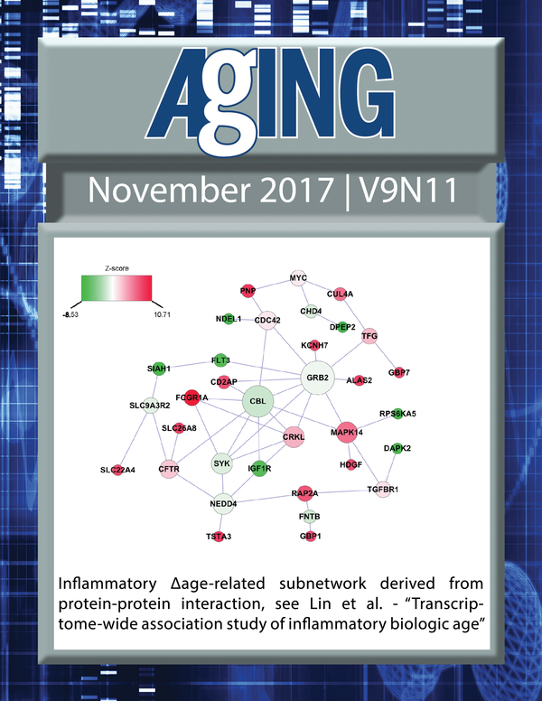 The cover for issue 11 of Aging features Figure 2 "Inflammatory ∆age-related subnetwork derived from protein-protein interaction." from Lin et al.